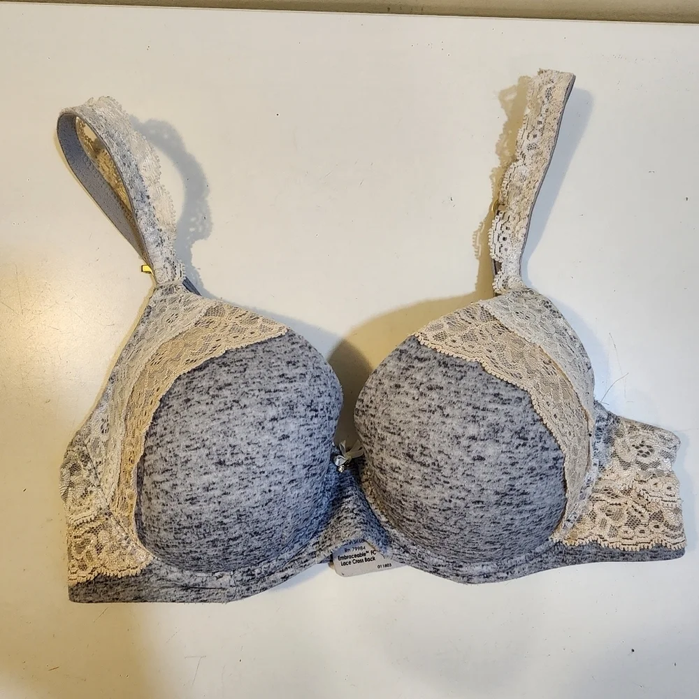 Soma Gray and Cream Lace Trim Bra Full Coverage 34c